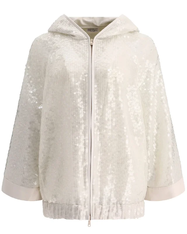 White Sequin Paillette Hooded Jacket