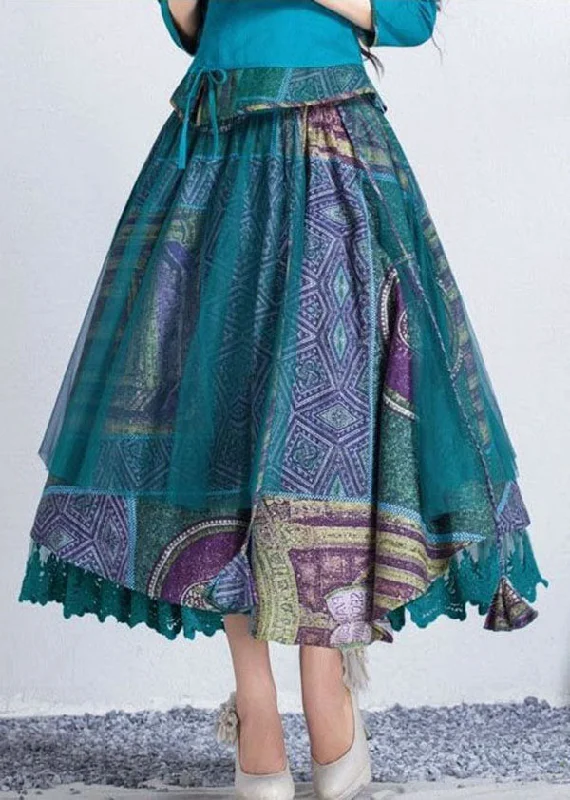 Comfortable Daywear Stylish Blue Print Wrinkled Lace Patchwork Chiffon Skirt Summer
