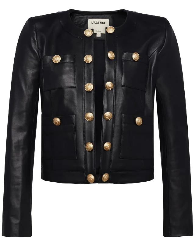 Black Leather Collarless Jayde Jacket