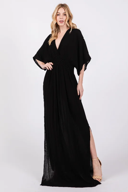 Comfortable Daywear Black Lightweight Deep V-Neck Maxi Dress