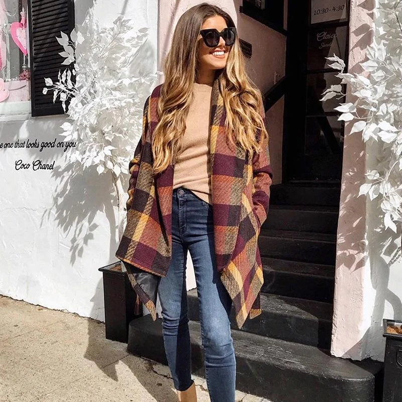 Women Loose Plaid Long Wind Coats