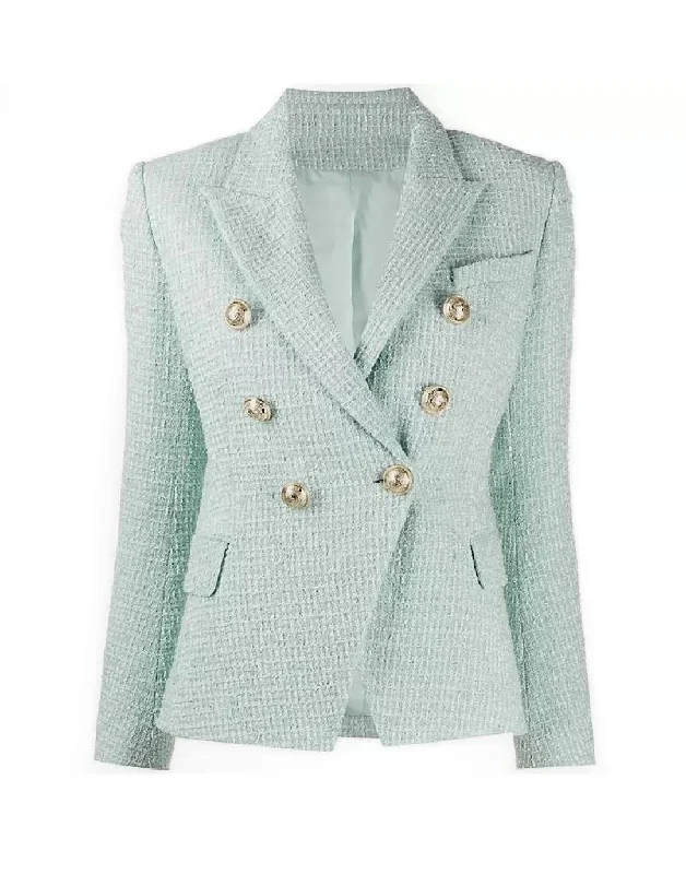 Gold Button Tweed Blazer In Blue Green