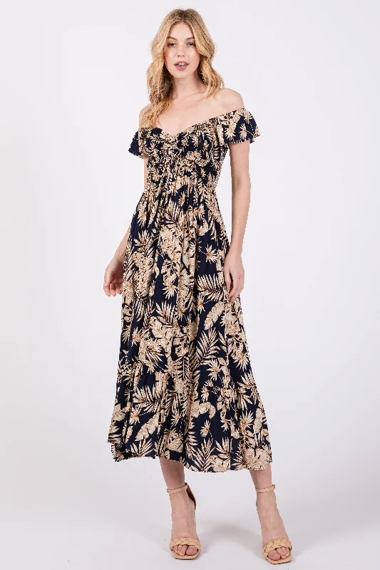 Comfortable Daywear Navy Tropical Print Smocked Short Sleeve Maxi Dress
