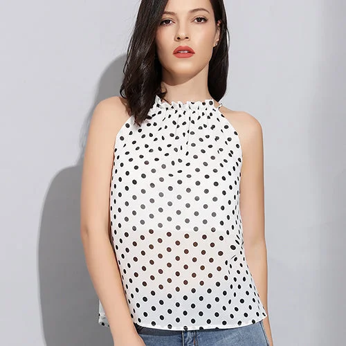 Women's Halter Neck Sleeveless Polka Dot Print Chiffon Blouses