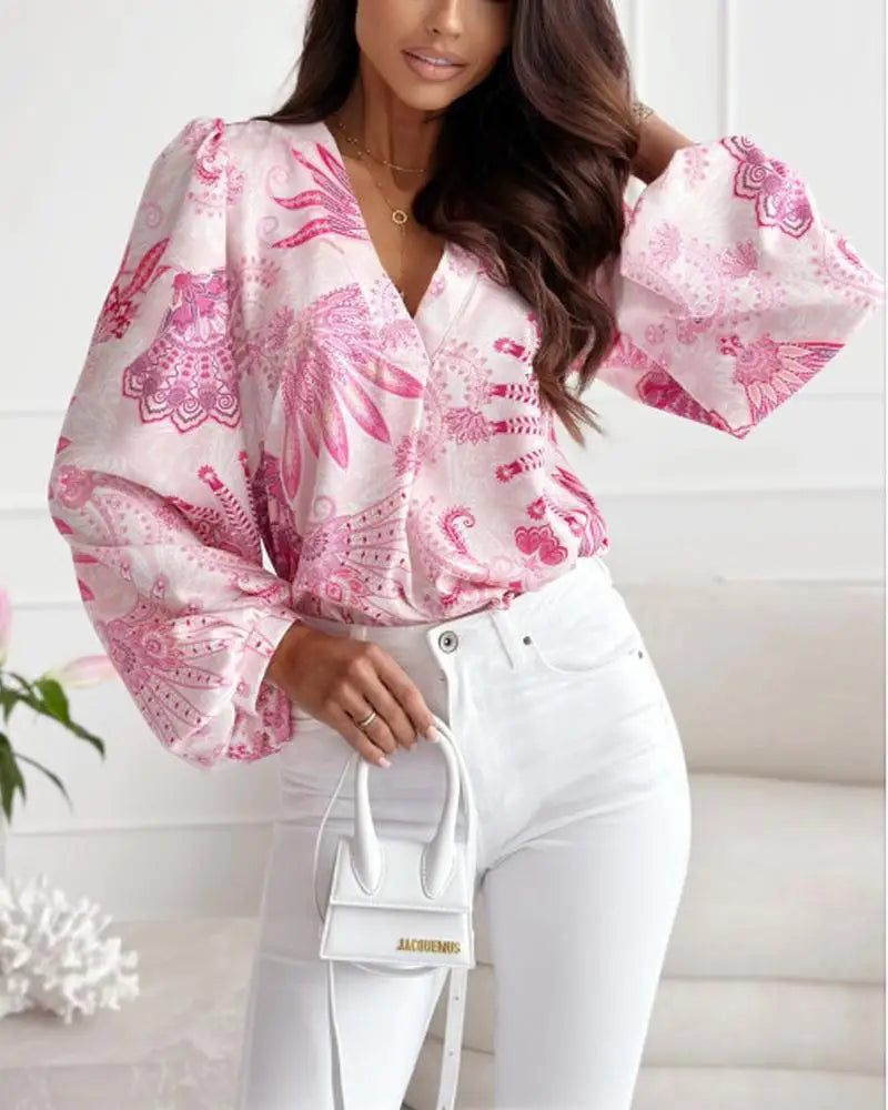 Women's Polyester V-Neck Long Sleeves Printed Pattern Blouse