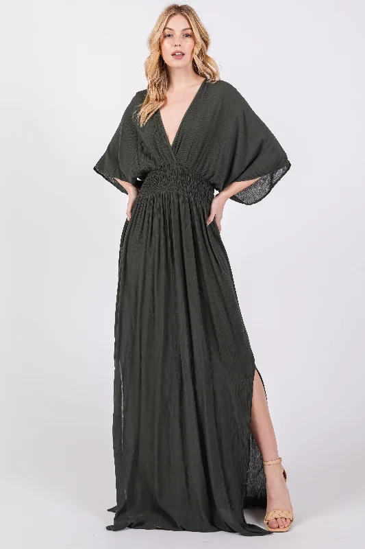 Comfortable Daywear Olive Lightweight Deep V-Neck Maxi Dress