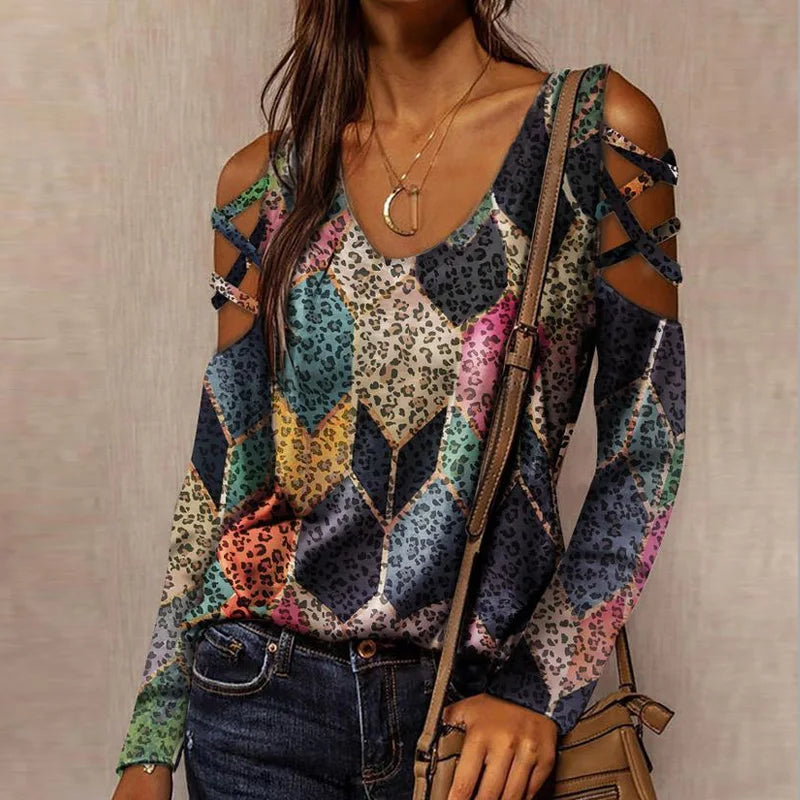 Women's Polyester V-Neck Long Sleeves Casual Wear Printed Blouse