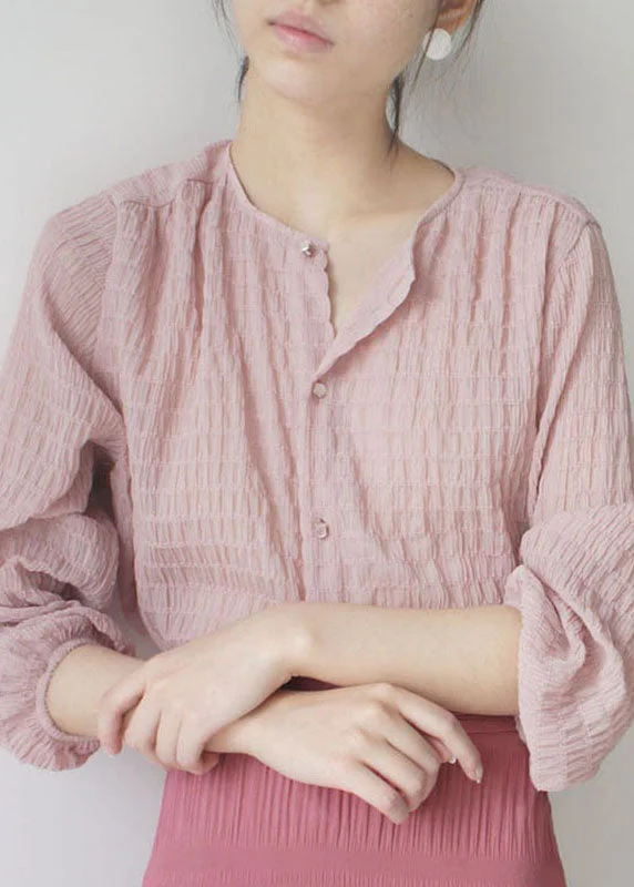Comfortable Daywear Art Pink O-Neck Wrinkled Shirt Spring
