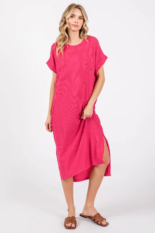 Comfortable Daywear Fuchsia Ribbed Short Sleeve Midi Dress