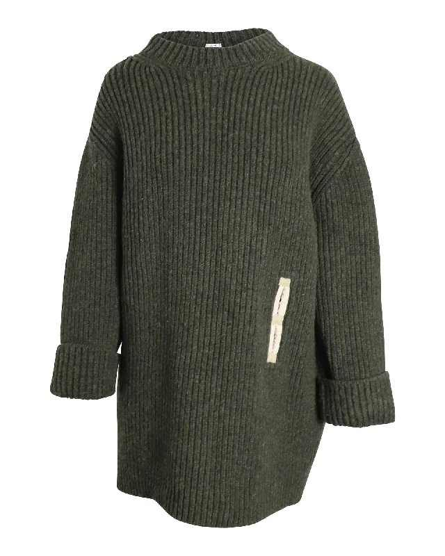 Celine Contrast Pocket Chunky Sweater in Olive Wool