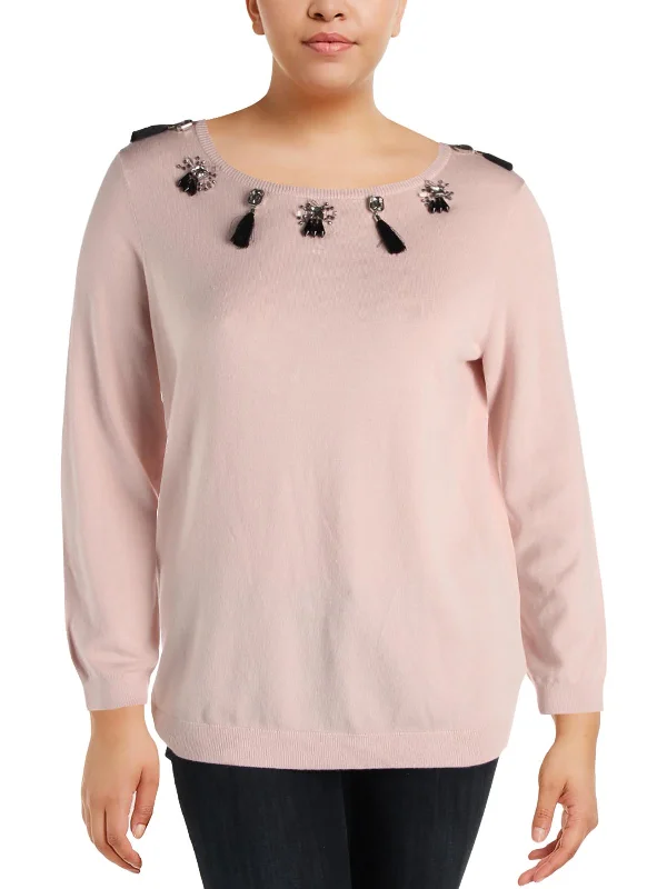 Plus Womens Jeweled Tassel Trim Pullover Sweater