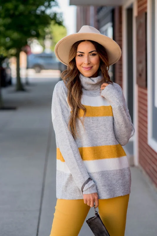 Tri Color Striped Cowl Neck Sweater