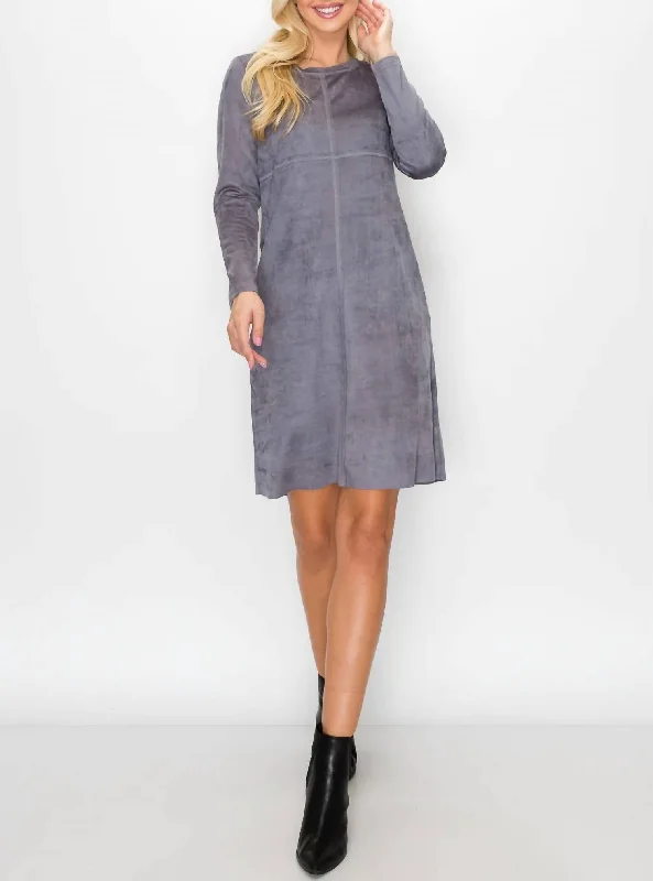 Aurora Suede Round Neck Dress In Charcoal