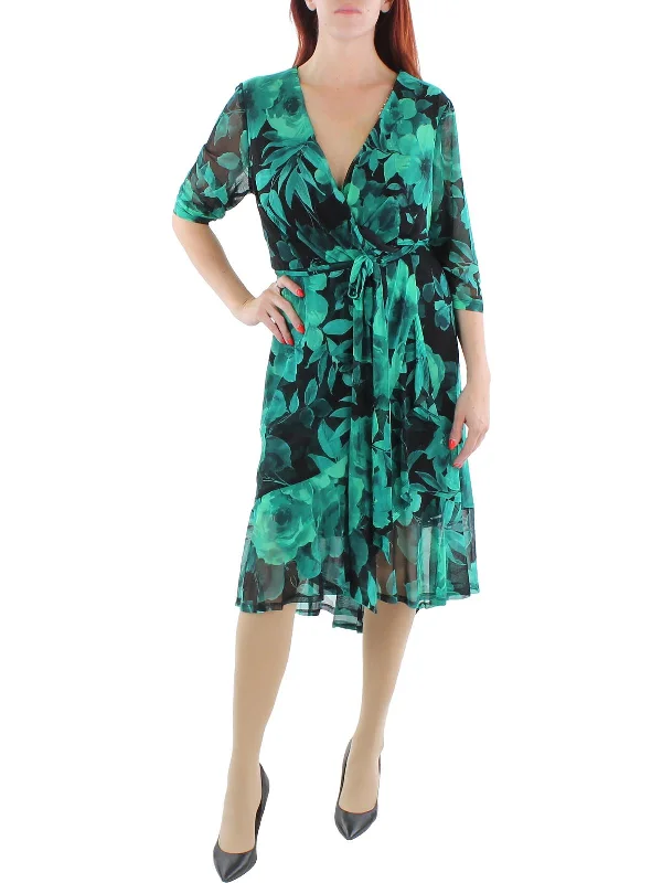 Plus Womens V-Neck Midi Wrap Dress