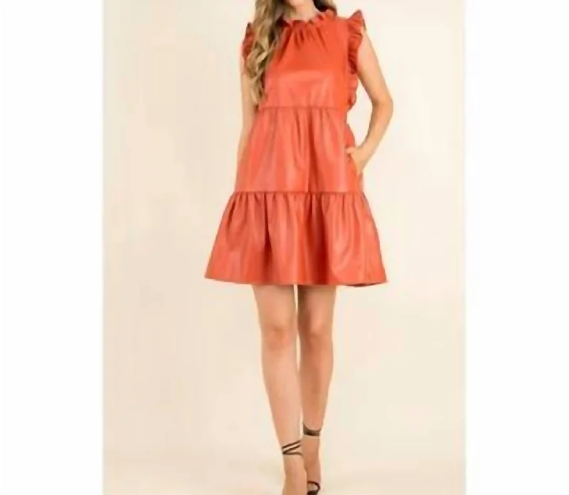 Ruffle Sleeve Vegan Tiered Dress In Burnt Orange