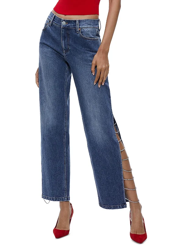 Womens Denim Jeweled Straight Leg Jeans