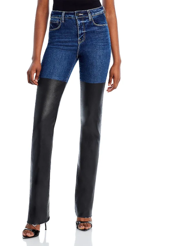 Womens Mixed Media High Rise Straight Leg Jeans