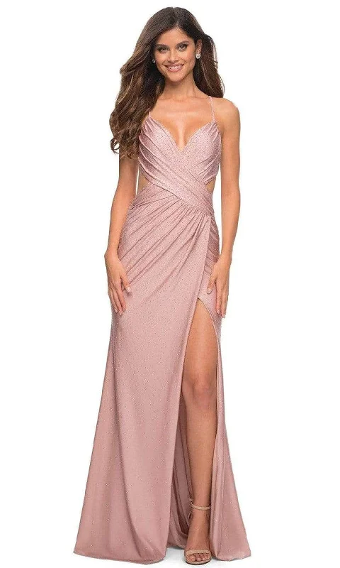 La Femme - 30504 Beaded Crisscross Bod Slit Dress