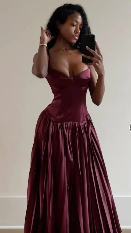 Burgundy Spaghetti Straps A-Line Long Party Dress Birthday Outfits, DP3334