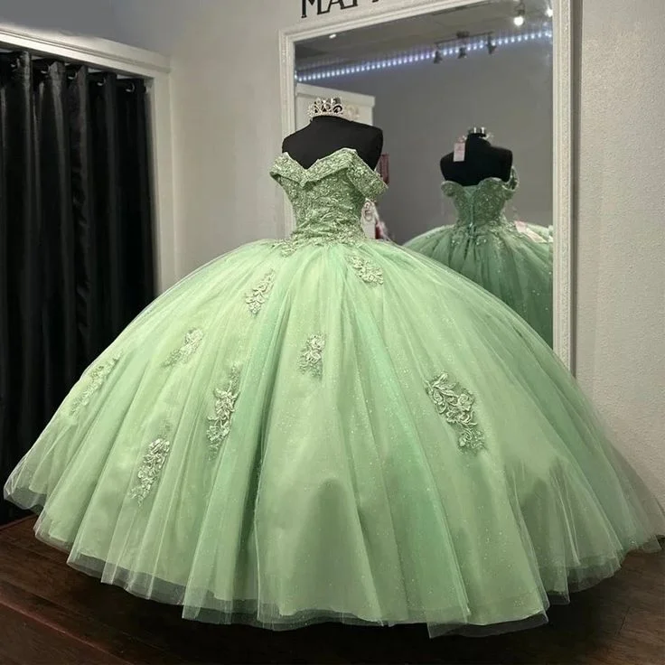 Sage Green Sweet 16 Quinceanera Dresses Applique Lace Prom Gown, DP3307