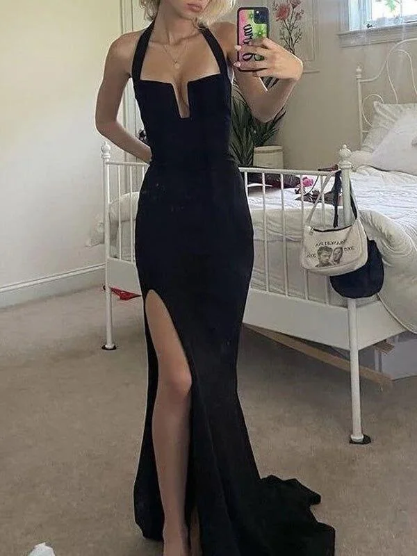 Sexy Black Halter Mermaid Long Evening Party Dress with Split, DP3321