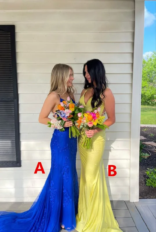 Yellow V Neck Backless Mermaid Long Prom Dress Evening Gown, DP3524